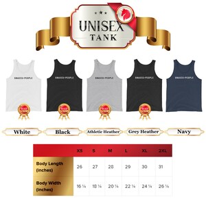 May include: Unisex tank top in five colors: white, black, athletic heather, grey heather, and navy. The tank top has the text "Snakes People" printed on the front. A size chart shows the body length and width in inches for sizes XS to 2XL.