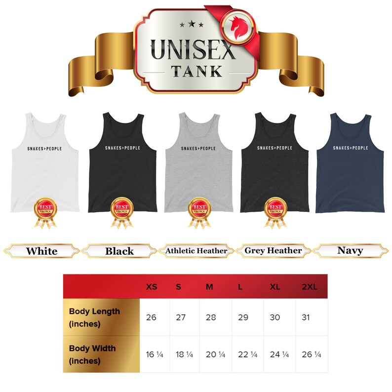 May include: Unisex tank top in five colors: white, black, athletic heather, grey heather, and navy. The tank top has the text "Snakes People" printed on the front. A size chart shows the body length and width in inches for sizes XS to 2XL.