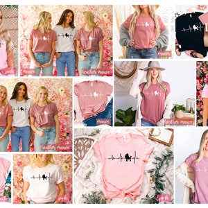 May include: A collection of t-shirts featuring a poodle silhouette with a heartbeat line. The shirts are available in pink, mauve, and heather mauve.