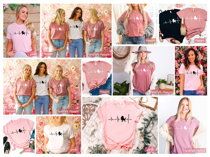 May include: A collection of t-shirts featuring a poodle silhouette with a heartbeat line. The shirts are available in pink, mauve, and heather mauve.