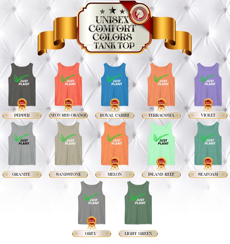 May include: A display of unisex comfort colors tank tops in various colors, including pepper, neon red orange, royal caribe, terracotta, and violet. Each tank top features the text "JUST PLANT" with a green leaf design.