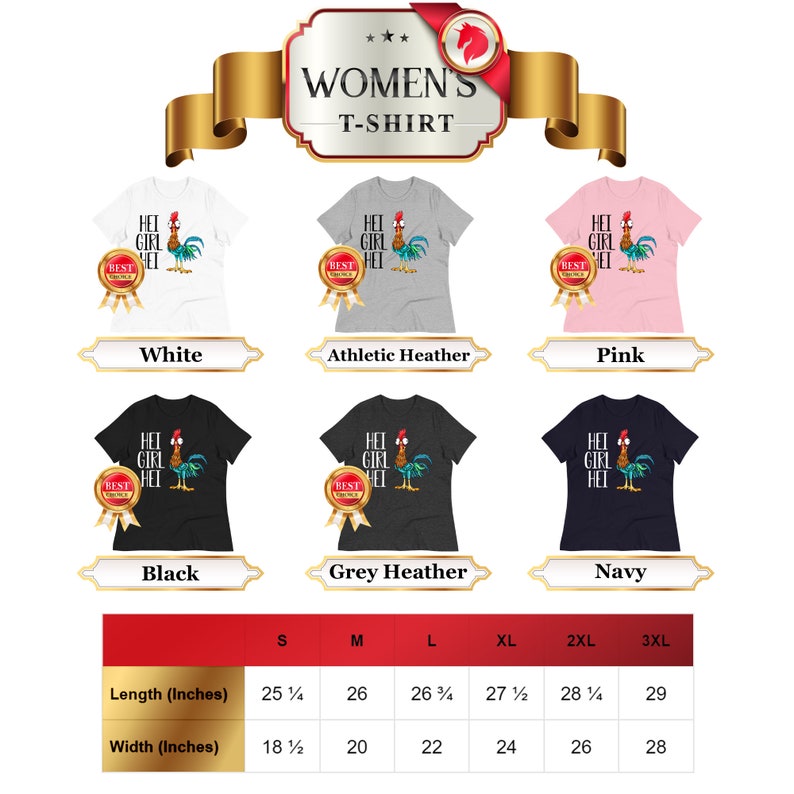 Puede incluir: Un gr&aacute;fico que muestra la tabla de tallas para una camiseta de mujer con el texto "Hei Girl Hei" y un gr&aacute;fico de gallo. La tabla muestra la longitud y el ancho de la camiseta en pulgadas para las tallas S, M, L, XL, 2XL y 3XL. La camiseta est&aacute; disponible en blanco, gris jaspeado, rosa, negro, gris jaspeado y azul marino.