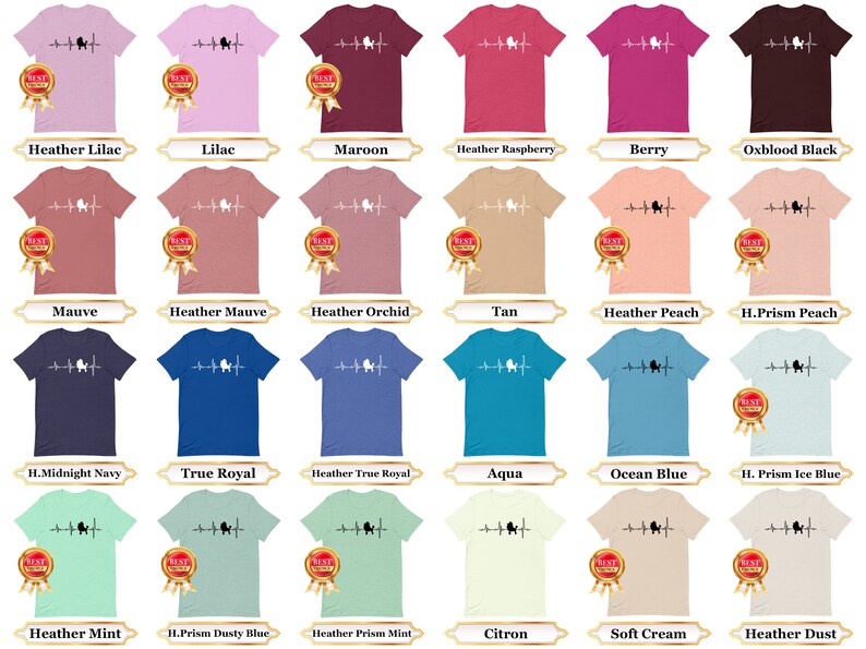 May include: A collection of t-shirts in various colors featuring a white silhouette of a poodle with a heartbeat line. The text "Best Poodle Ever" is printed on a gold circle sticker on each shirt.