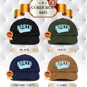 May include: Four corduroy hats in black, olive, oxford navy, and camel. Each hat displays the text "NORTH Carolina" in white and light blue. The hats have a curved brim and a "BEST CHOICE" sticker.