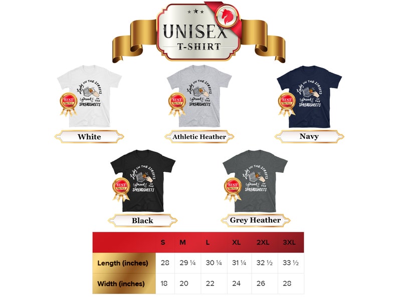 May include: Unisex t-shirt with a graphic of a hand holding a plate of spaghetti and the text "Lost in the streets for spreadsheets". The shirt is available in white, athletic heather, navy, black, and grey heather. A size chart shows the length and width in inches for sizes S, M, L, XL, 2XL, and 3XL.