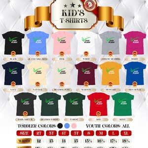 May include: A variety of Kid's T-shirts in various colors, including black, blue, pink, and white. Each shirt features the text "JUST PLANT" with a green leaf design. Sizes range from toddler to youth.