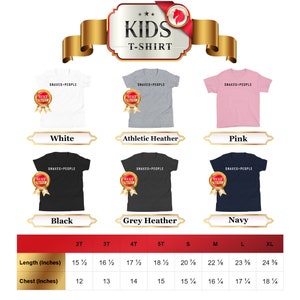 May include: A size chart for kids' t-shirts in various colors, including white, athletic heather, pink, black, grey heather, and navy. The chart shows the length and chest measurements in inches for sizes 2T through XL.