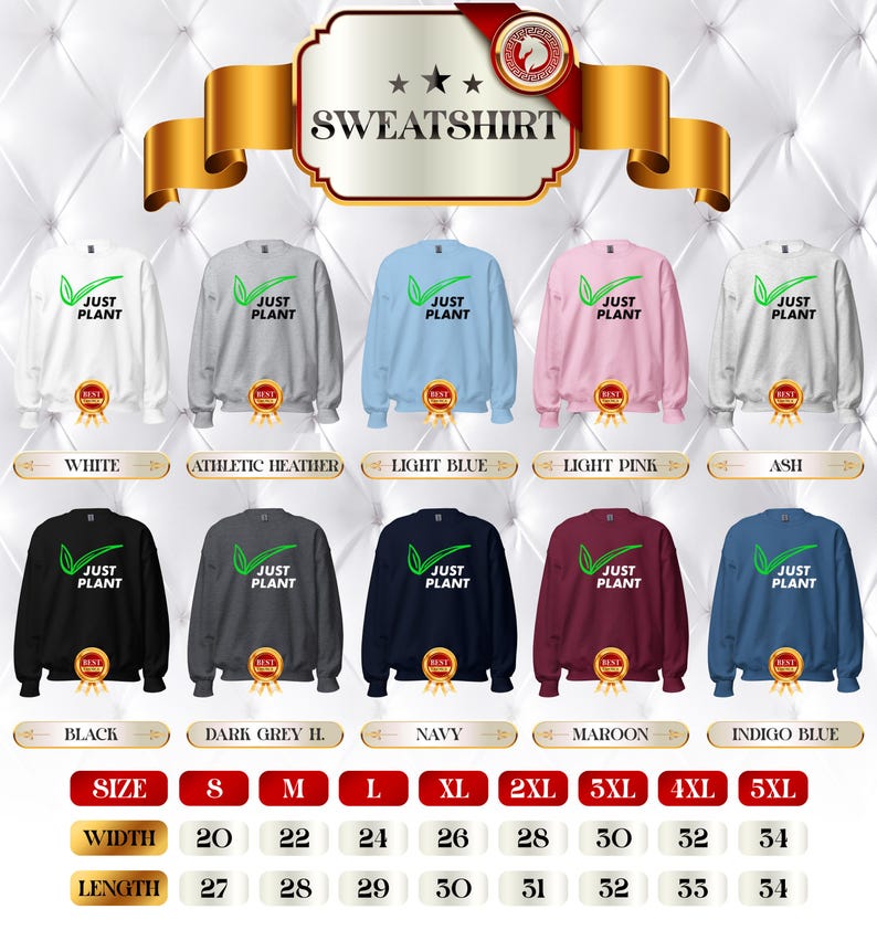 May include: A variety of sweatshirts in different colors, including white, gray, and black, are displayed. Each sweatshirt features the text "JUST PLANT" with a green leaf design. Sizes range from S to 5XL.