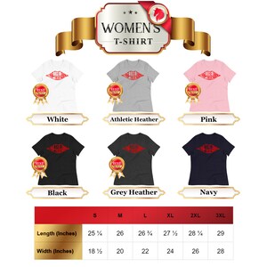 May include: Women's t-shirt with a red graphic of a pair of lips with the text "Best Friends" inside. The shirt is available in white, athletic heather, pink, black, grey heather, and navy. The size chart shows the length and width of the shirt in inches for sizes S, M, L, XL, 2XL, and 3XL.