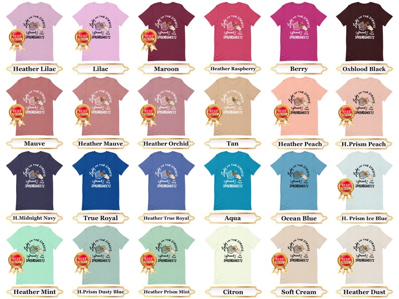 May include: A graphic t-shirt design featuring a hand holding a bowl of spaghetti with the text "Light on the Streets, Spread the Spaghetti". The design is available in a variety of colors, including heather lilac, lilac, maroon, heather raspberry, berry, oxblood black, mauve, heather mauve, heather orchid, tan, heather peach, H. Prism peach, H.Midnight navy, true royal, heather true royal, aqua, ocean blue, H. Prism ice blue, heather mint, H.Prism dusty blue, heather prism mint, citron, soft cream, and heather dust.