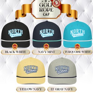 May include: A selection of golf rope caps in colours such as black, navy, turquoise, yellow, and light grey. Each cap displays the text "NORTH Carolina". The caps have a rope detail and a curved brim.