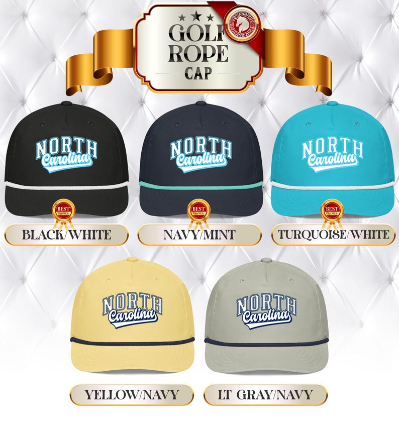 May include: A selection of golf rope caps in colours such as black, navy, turquoise, yellow, and light grey. Each cap displays the text "NORTH Carolina". The caps have a rope detail and a curved brim.