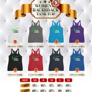 May include: A display of women's racerback tank tops in various colors, including white, gray, turquoise, and black. Each tank top features the text "JUST PLANT" with a green leaf graphic. Sizes XS to XL are available, with widths from 15 1/4" to 19 1/4" and lengths from 26 5/8" to 28 5/8".
