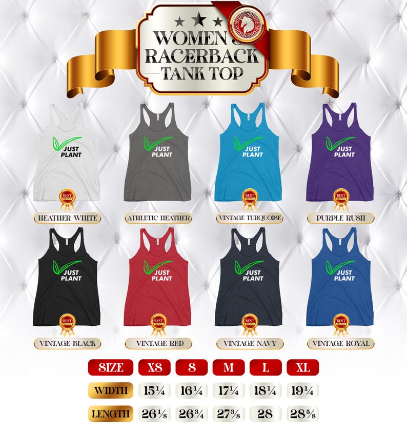 May include: A display of women's racerback tank tops in various colors, including white, gray, turquoise, and black. Each tank top features the text "JUST PLANT" with a green leaf graphic. Sizes XS to XL are available, with widths from 15 1/4" to 19 1/4" and lengths from 26 5/8" to 28 5/8".
