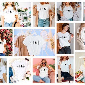 May include: A collage of images featuring women wearing white t-shirts with a black silhouette of a poodle and a heartbeat graphic. The t-shirts are displayed on various models in different settings.