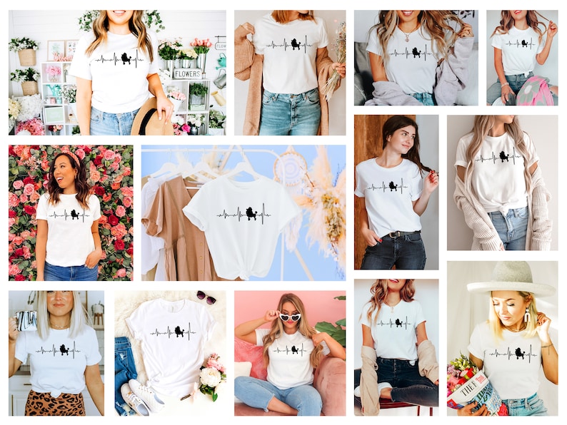 May include: A collage of images featuring women wearing white t-shirts with a black silhouette of a poodle and a heartbeat graphic. The t-shirts are displayed on various models in different settings.
