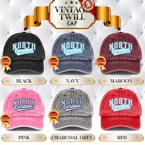 May include: A selection of vintage twill caps in colours such as black, navy, maroon, pink, charcoal grey, and red. Each cap displays the text "North Carolina". The caps are presented with a "Best Choice" badge.