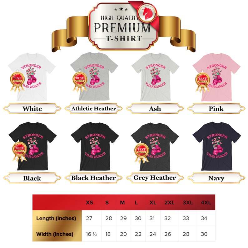 May include: A collection of t-shirts in various colors, including white, black, and pink, each featuring the text "Stronger Than Cancer" with a floral design and boxing gloves. Sizes range from XS to 4XL.