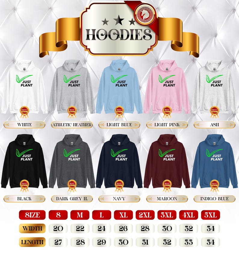 May include: A selection of hoodies in various colors, including white, gray, light blue, pink, black, navy, and maroon. Each hoodie features the text "JUST PLANT" with a green leaf design. Sizes range from S to 5XL, with width measurements from 20 to 34 inches.