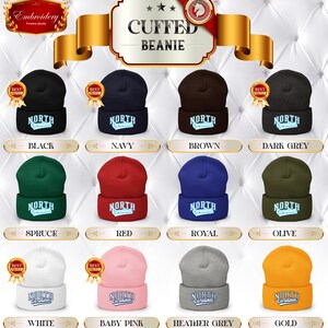 May include: A selection of cuffed beanies in colours such as black, navy, brown, and dark grey. Each beanie displays the embroidered text "North Carolina" on the cuff. Other colours include spruce, red, royal, olive, white, baby pink, heather grey, and gold.