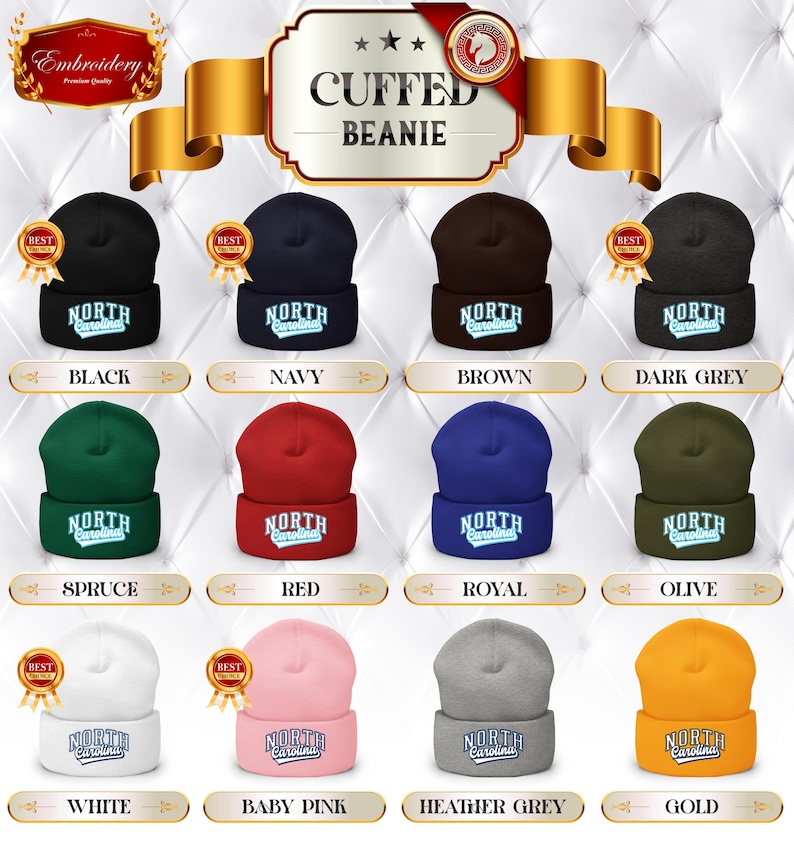 May include: A selection of cuffed beanies in colours such as black, navy, brown, and dark grey. Each beanie displays the embroidered text "North Carolina" on the cuff. Other colours include spruce, red, royal, olive, white, baby pink, heather grey, and gold.