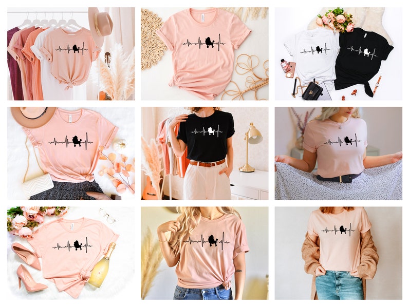May include: A collection of six t-shirts featuring a poodle silhouette with a heartbeat line. The shirts are available in pink and black.