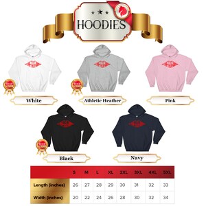 May include: Hoodies in six colors: white, athletic heather, pink, black, navy, and red. The hoodies feature a red graphic of a pair of lips with the text "THE KISS" inside. A size chart shows the length and width in inches for sizes S through 5XL.