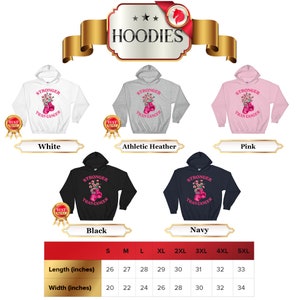 May include: A selection of hoodies in white, athletic heather, pink, black, and navy. Each hoodie features the text "Stronger Than Cancer" with a floral design and boxing gloves. Size chart shows length and width in inches.