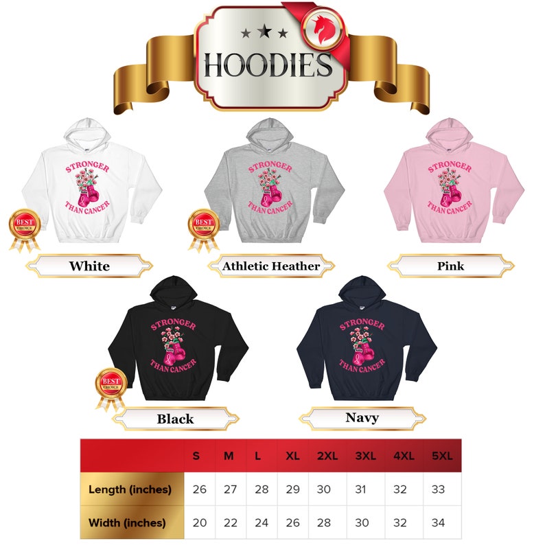May include: A selection of hoodies in white, athletic heather, pink, black, and navy. Each hoodie features the text "Stronger Than Cancer" with a floral design and boxing gloves. Size chart shows length and width in inches.