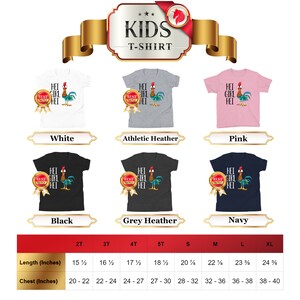 Puede incluir: Una tabla que muestra la tabla de tallas para camisetas de ni&ntilde;os en varios colores, incluyendo blanco, gris jaspeado atl&eacute;tico, rosa, negro, gris jaspeado y azul marino. La tabla muestra las medidas de longitud y pecho en pulgadas para las tallas 2T, 3T, 4T, 5T, S, M, L y XL. Las camisetas presentan un gr&aacute;fico de un gallo con el texto "Best Girl Hei" en &eacute;l.