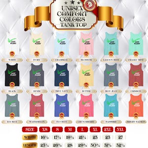 May include: A display of unisex tank tops in various colors, including white, ivory, and black, each with the text "JUST PLANT" and a leaf graphic. Sizes range from XS to 3XL, with width measurements from 16.5 to 27 inches and lengths from 25.25 to 32.5 inches.