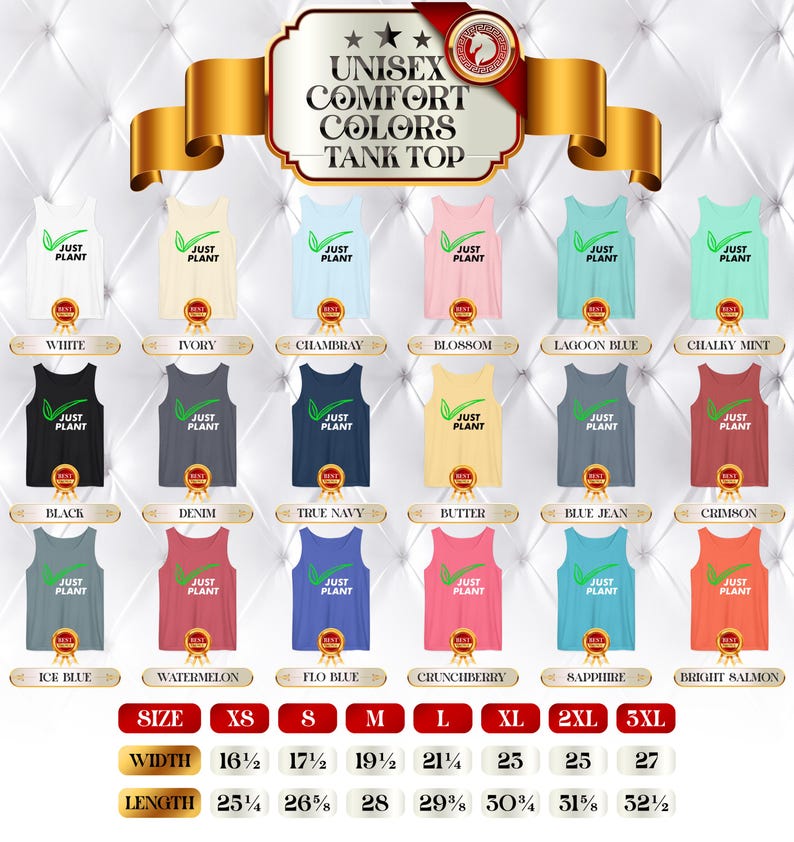 May include: A display of unisex tank tops in various colors, including white, ivory, and black, each with the text "JUST PLANT" and a leaf graphic. Sizes range from XS to 3XL, with width measurements from 16.5 to 27 inches and lengths from 25.25 to 32.5 inches.