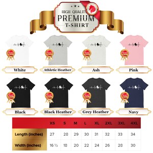 May include: A size chart for a t-shirt featuring a heartbeat graphic with a silhouette of a horse. The chart shows the length and width of the shirt in inches for sizes XS to 4XL. The t-shirt is available in 8 colors: white, athletic heather, ash, pink, black, black heather, grey heather, and navy.