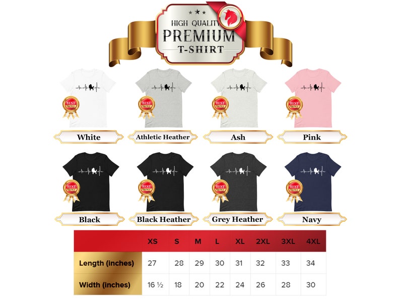 May include: A size chart for a t-shirt featuring a heartbeat graphic with a silhouette of a horse. The chart shows the length and width of the shirt in inches for sizes XS to 4XL. The t-shirt is available in 8 colors: white, athletic heather, ash, pink, black, black heather, grey heather, and navy.