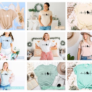 May include: A collection of t-shirts in various colors featuring a black silhouette of a poodle with a heartbeat line. The t-shirts are displayed on models and mannequins in different settings.