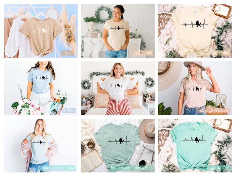 May include: A collection of t-shirts in various colors featuring a black silhouette of a poodle with a heartbeat line. The t-shirts are displayed on models and mannequins in different settings.