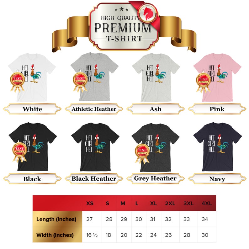 Puede incluir: Una tabla de tallas para una camiseta de varios colores, incluyendo blanco, negro, rosa, gris y azul marino. La tabla muestra la longitud y el ancho de la camiseta en pulgadas para las tallas XS a 4XL. La camiseta presenta un gr&aacute;fico de un gallo con el texto "Hei Girl Hei" y una estrella dorada.