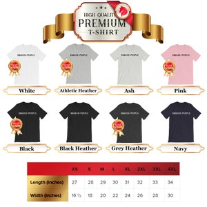 May include: A chart showing the size and color options for a t-shirt with the text "Snakes People" printed on it. The chart shows the length and width of the t-shirt in inches for sizes XS to 4XL. The colors available are white, athletic heather, ash, pink, black, black heather, grey heather, and navy.
