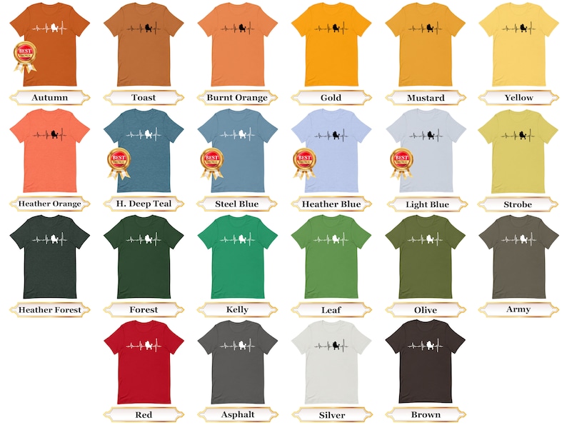 May include: A collection of t-shirts in various colors featuring a black silhouette of a poodle with a heartbeat line. The t-shirts are displayed on a white background.