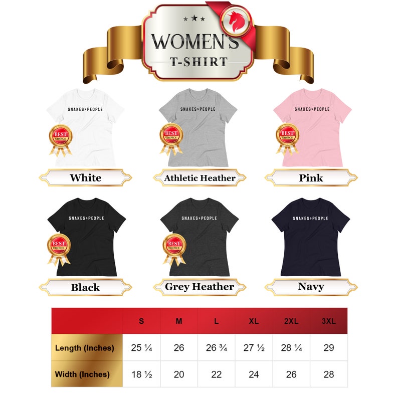May include: Women's t-shirt size chart with six different color options: white, athletic heather, pink, black, grey heather, and navy. The chart shows the length and width measurements in inches for sizes S, M, L, XL, 2XL, and 3XL.