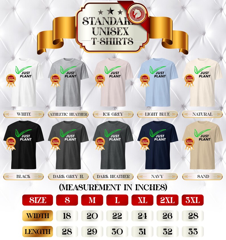 May include: A variety of unisex t-shirts in different colors, including white, black, and navy, are displayed. Each shirt features the text "JUST PLANT" with a green leaf design. Sizes range from S to 3XL, with measurements in inches.