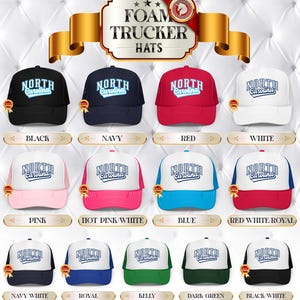 May include: A selection of foam trucker hats in multiple colours, each with "North Carolina" printed on the front. Colours include black, navy, red, white, pink, hot pink, blue, and green. The hats have a mesh back and a curved peak.
