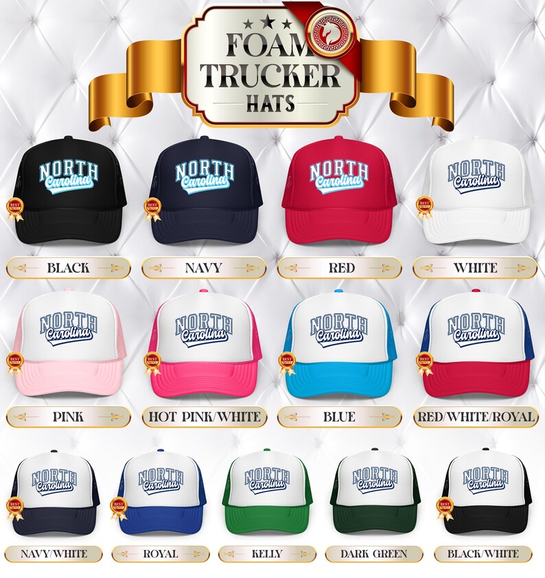 May include: A selection of foam trucker hats in multiple colours, each with "North Carolina" printed on the front. Colours include black, navy, red, white, pink, hot pink, blue, and green. The hats have a mesh back and a curved peak.
