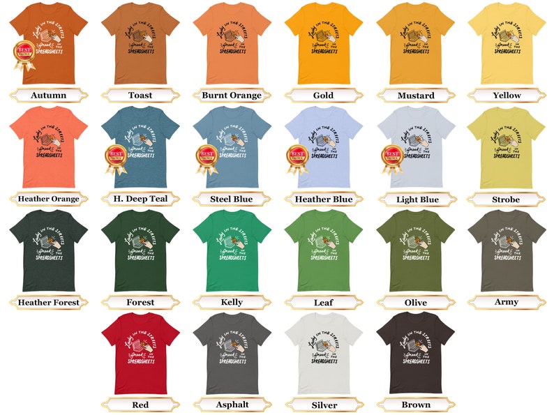May include: A collection of 18 t-shirts in various colors, each featuring a graphic of a hand holding a box of spaghetti and the text "Light on the Streets, I Spread the Spaghetti".