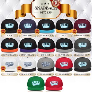 May include: A range of snapback Otto caps in diverse colours, each displaying "North Carolina" in a stylized font. Colours include black, navy blue, aqua blue, gold, burgundy, orange, purple, red, grey, white, and green.