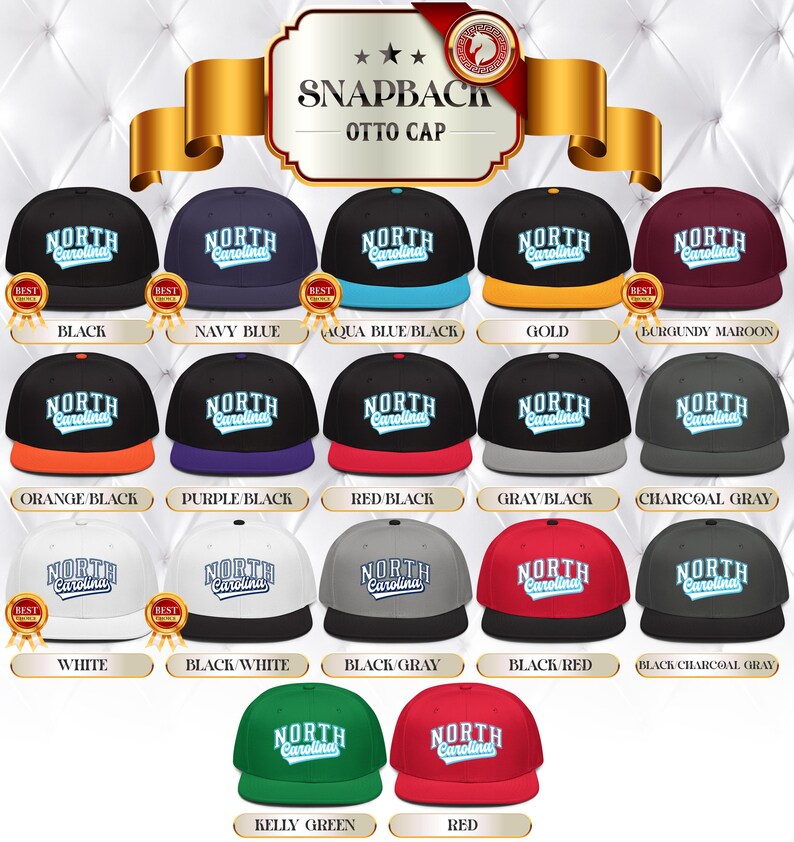 May include: A range of snapback Otto caps in diverse colours, each displaying "North Carolina" in a stylized font. Colours include black, navy blue, aqua blue, gold, burgundy, orange, purple, red, grey, white, and green.
