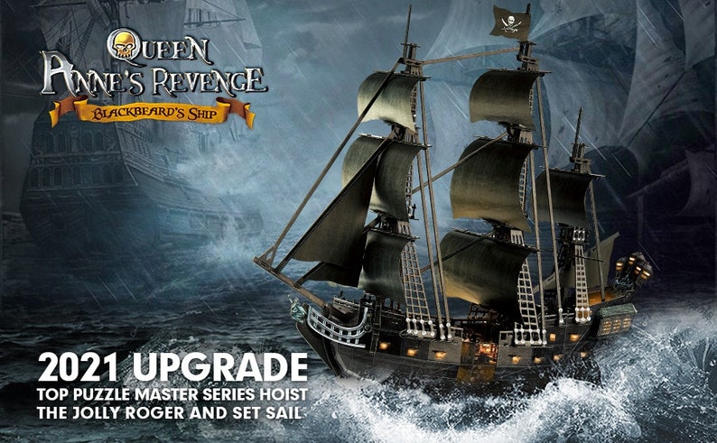 LED 3D Puzzles UPGRADE Queen Anne's Revenge Pirate Ship Model Building Kits Sailboat Jigsaw Puzzles Toy for Adults zdjęcie 2