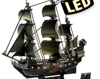 LED 3D Puzzles UPGRADE Queen Anne's Revenge Pirate Ship Model Building Kits Sailboat Jigsaw Puzzles Toy for Adults
