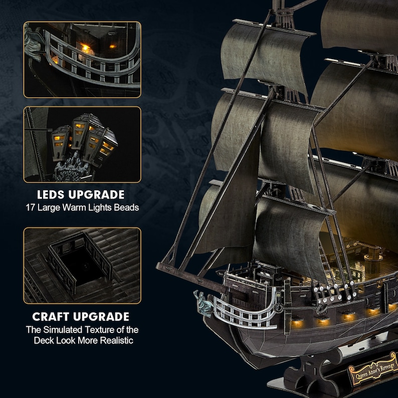 LED 3D Puzzles UPGRADE Queen Anne's Revenge Pirate Ship Model Building Kits Sailboat Jigsaw Puzzles Toy for Adults zdjęcie 7