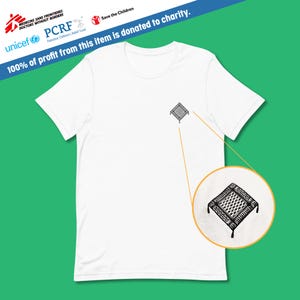 May include: White t-shirt with a black and white graphic of a traditional Palestinian keffiyeh. The text "100% of profit from this item is donated to charity." is printed on the shirt. The logos of UNICEF, Doctors Without Borders, Save the Children, and PCRF are also printed on the shirt.